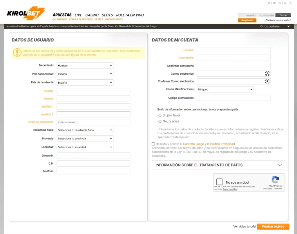 Kirolbet Proceso de registro