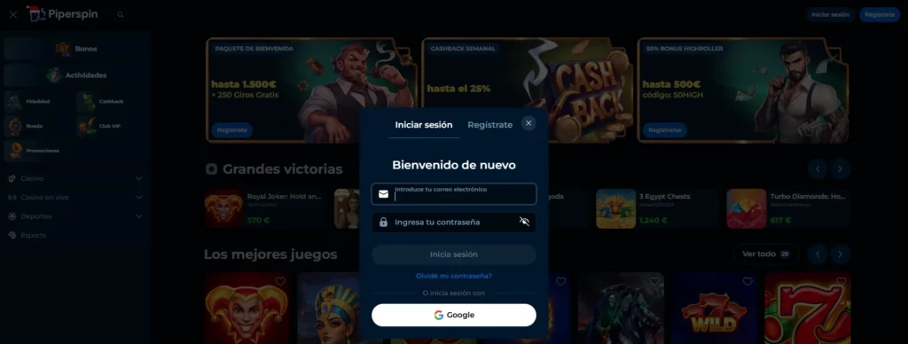 Piperspin Proceso inicio sesión