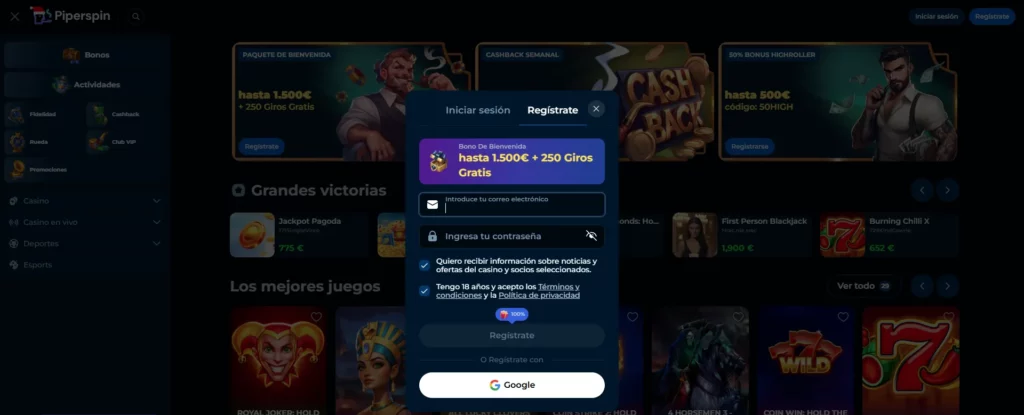 Piperspin Proceso de registro