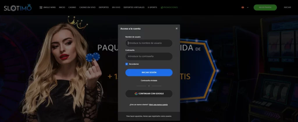 Slotimo Proceso inicio sesión