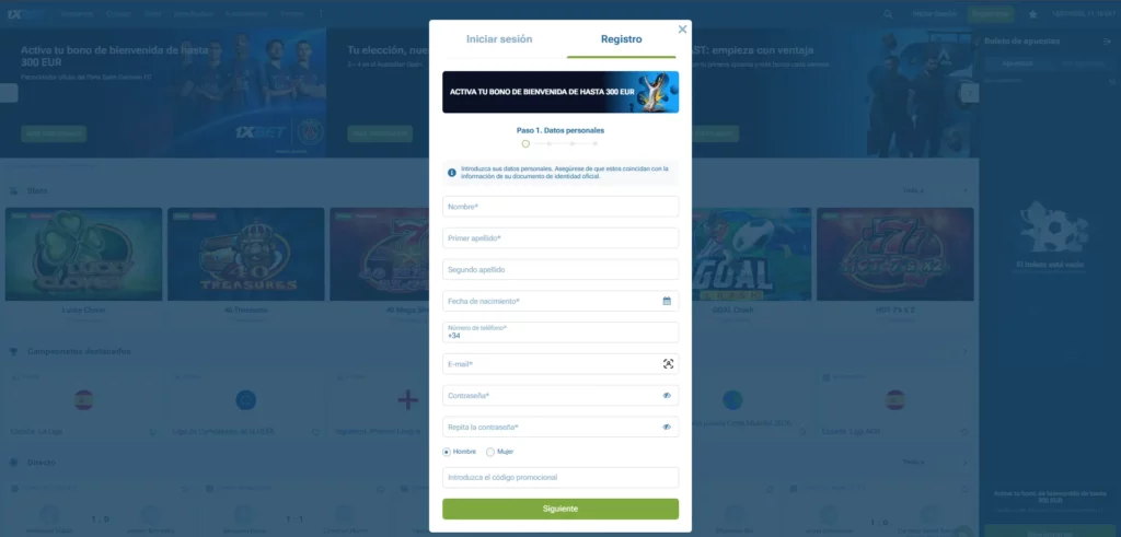 1xBet Proceso de registro