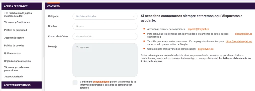 Soporte al Cliente tonybet