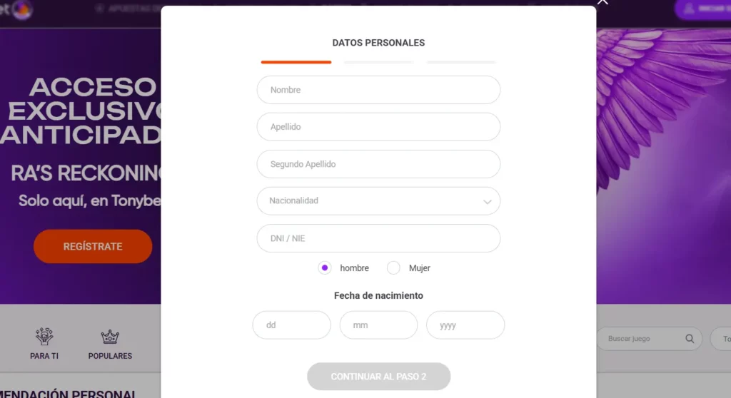 Tonybet Proceso de Registro