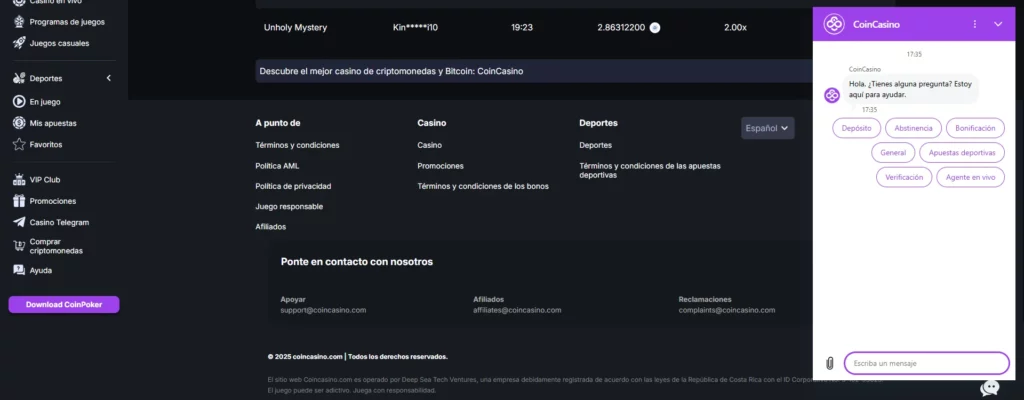CoinCasino Soporte al Cliente