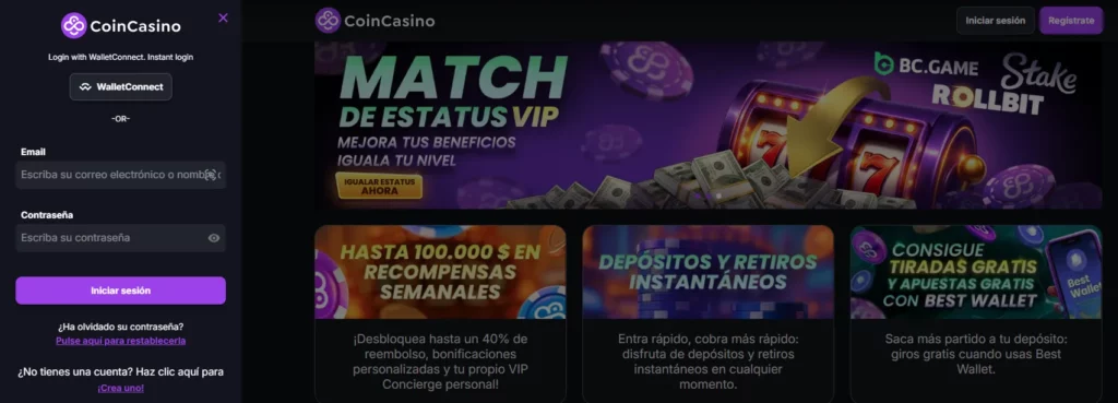 CoinCasino Proceso Inicio Sesión