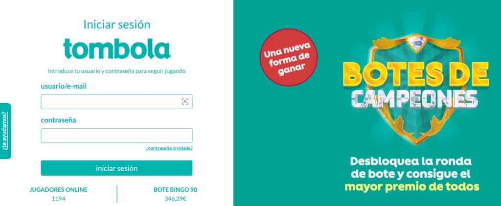 Tombola Proceso inicio sesión