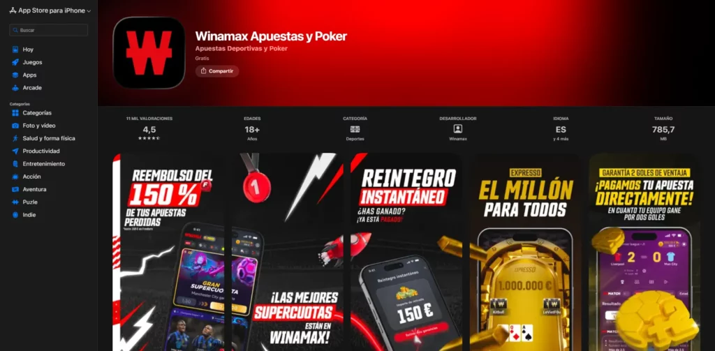 Winamax Aplicación móvil iOS