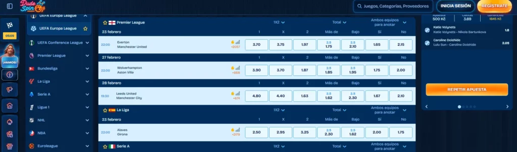 Apuestas deportivas en vivo Dudespin Casino