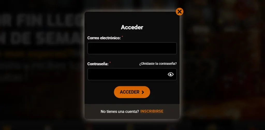 Proceso de Login  Intense Casino