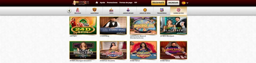 Juegos y Shows en Vivo Unique Casino