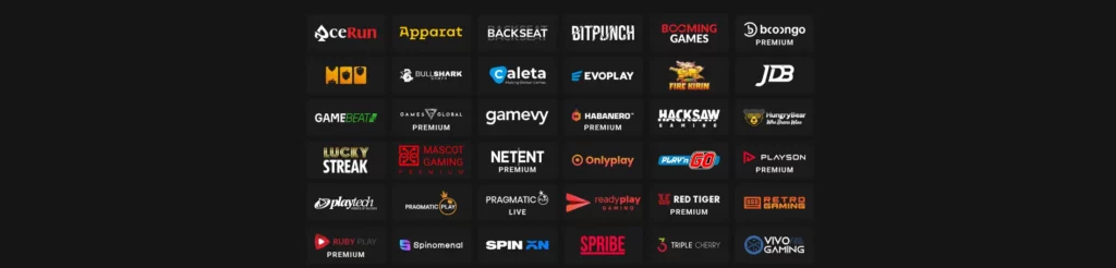 Logotipos de los principales proveedores de software de casino y juegos de azar online.