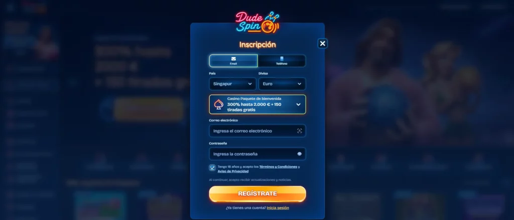 Proceso de registro en Dudespin