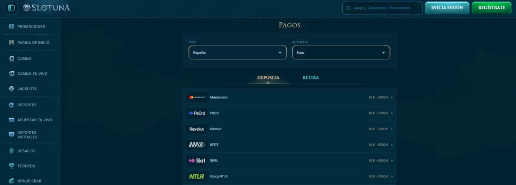 Métodos de depósito en Slotuna